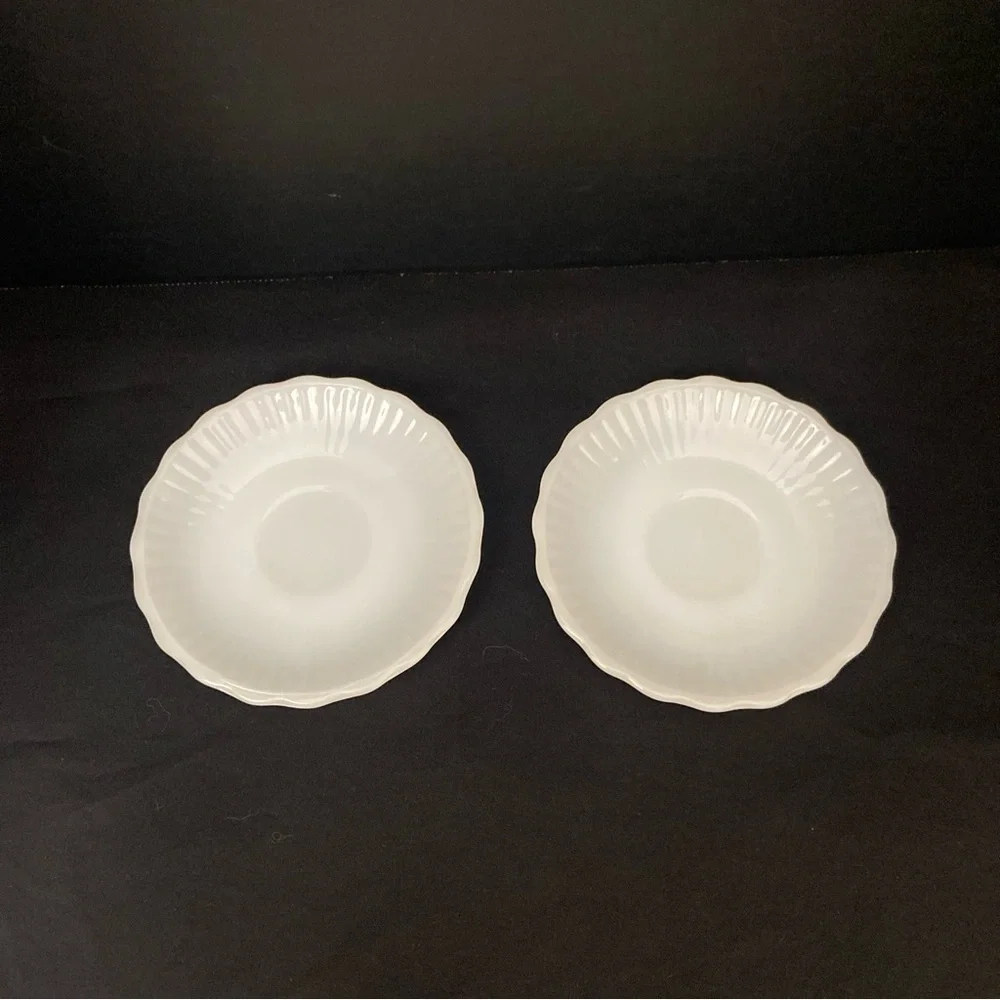2 Vintage Fire King Anchor Hocking Milk Glass Saucers‎ 4.5” D Scalloped Edge